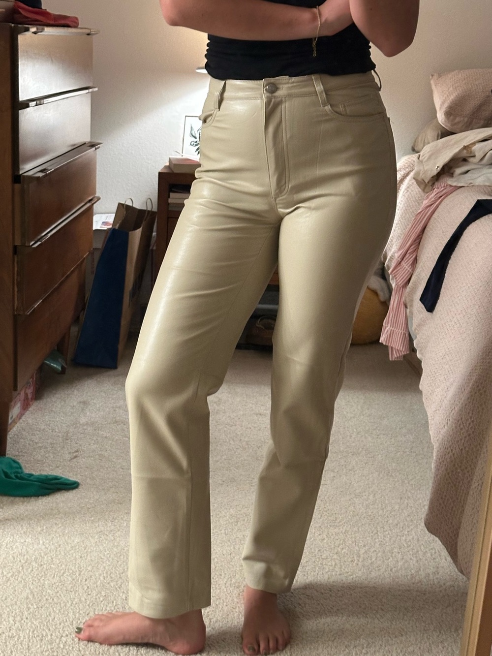 Aritzia Cream Straight Leg Vegan Leather Jeans/Pants